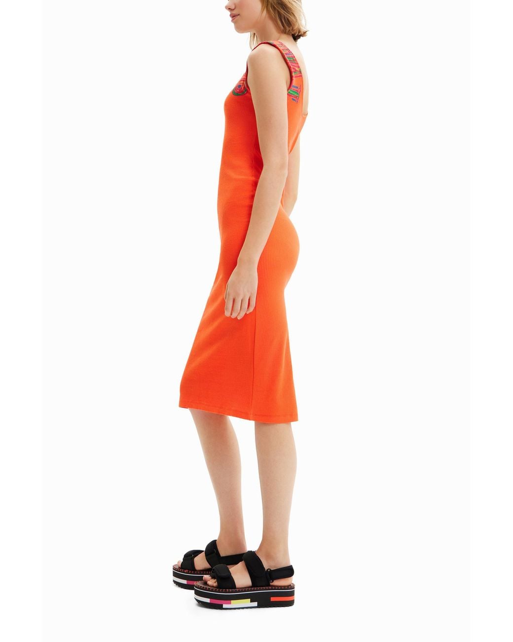 Desigual Orange Slim Ribbed Strappy Dress, Viscose