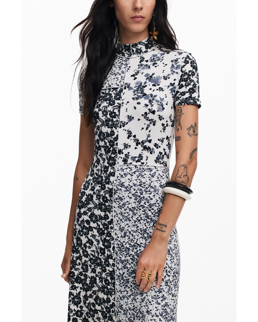 Desigual White Floral Mock-Neck Midi Dress