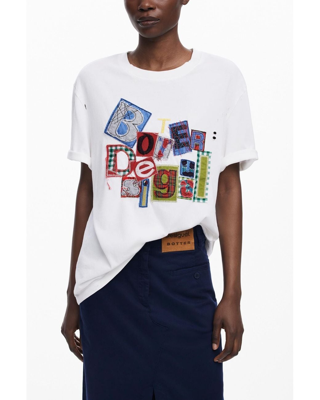 Desigual Blue Short-Sleeve Patch T-Shirt Botter, Cotton