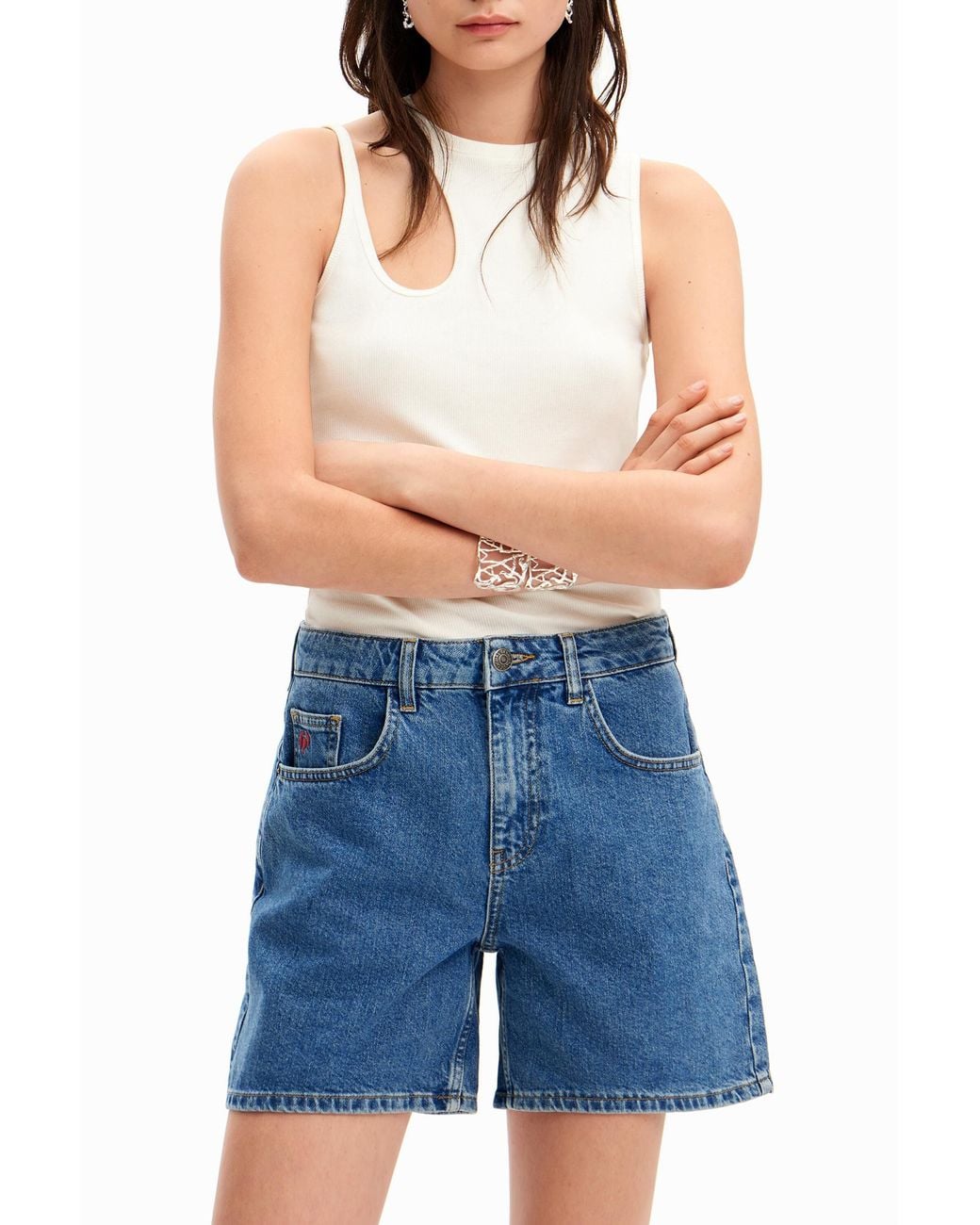 Desigual Blue Plain Denim Shorts, Cotton