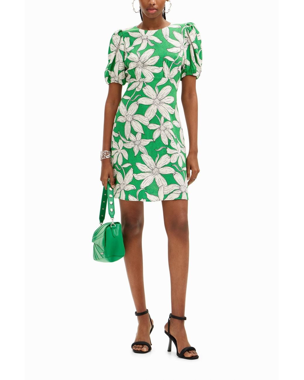 Desigual Green Short Floral Dress, Viscose