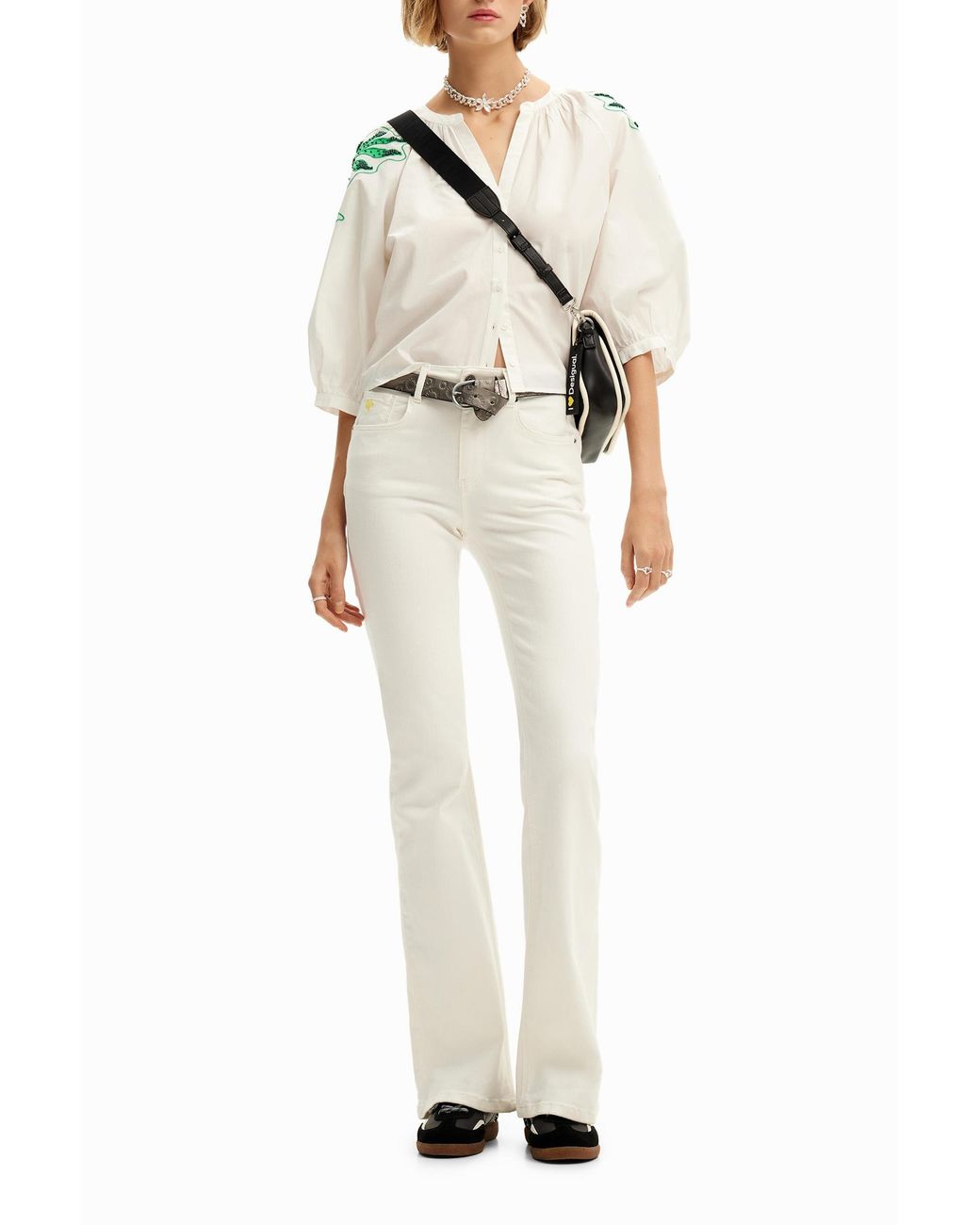 Desigual White V-Neck Embroidered Blouse, Cotton