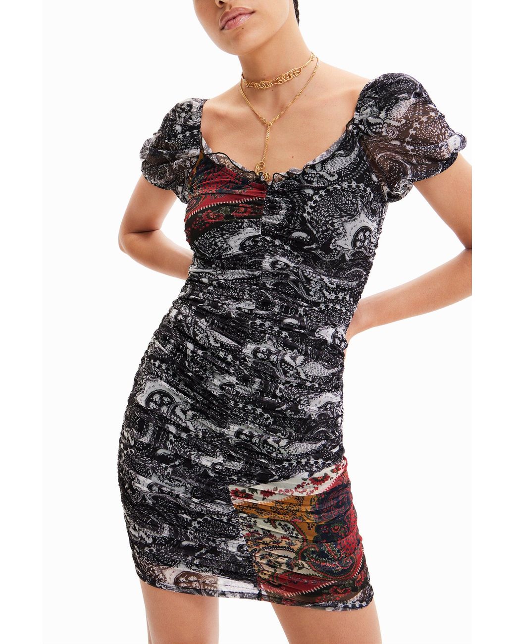 Desigual Black Short Ruched Paisley Dress, Polyester