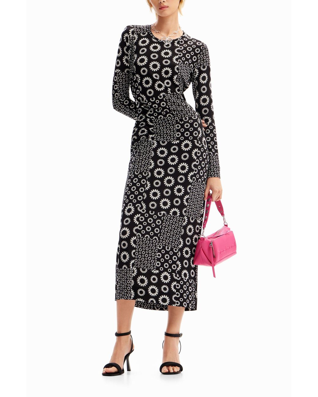 Desigual Black Slim Patchwork Midi Dress, Viscose