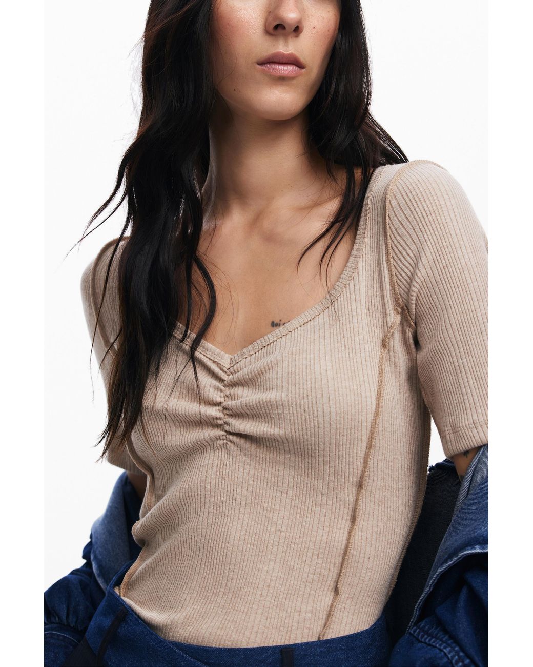 Desigual Blue Ruched Neckline T-Shirt, Cotton