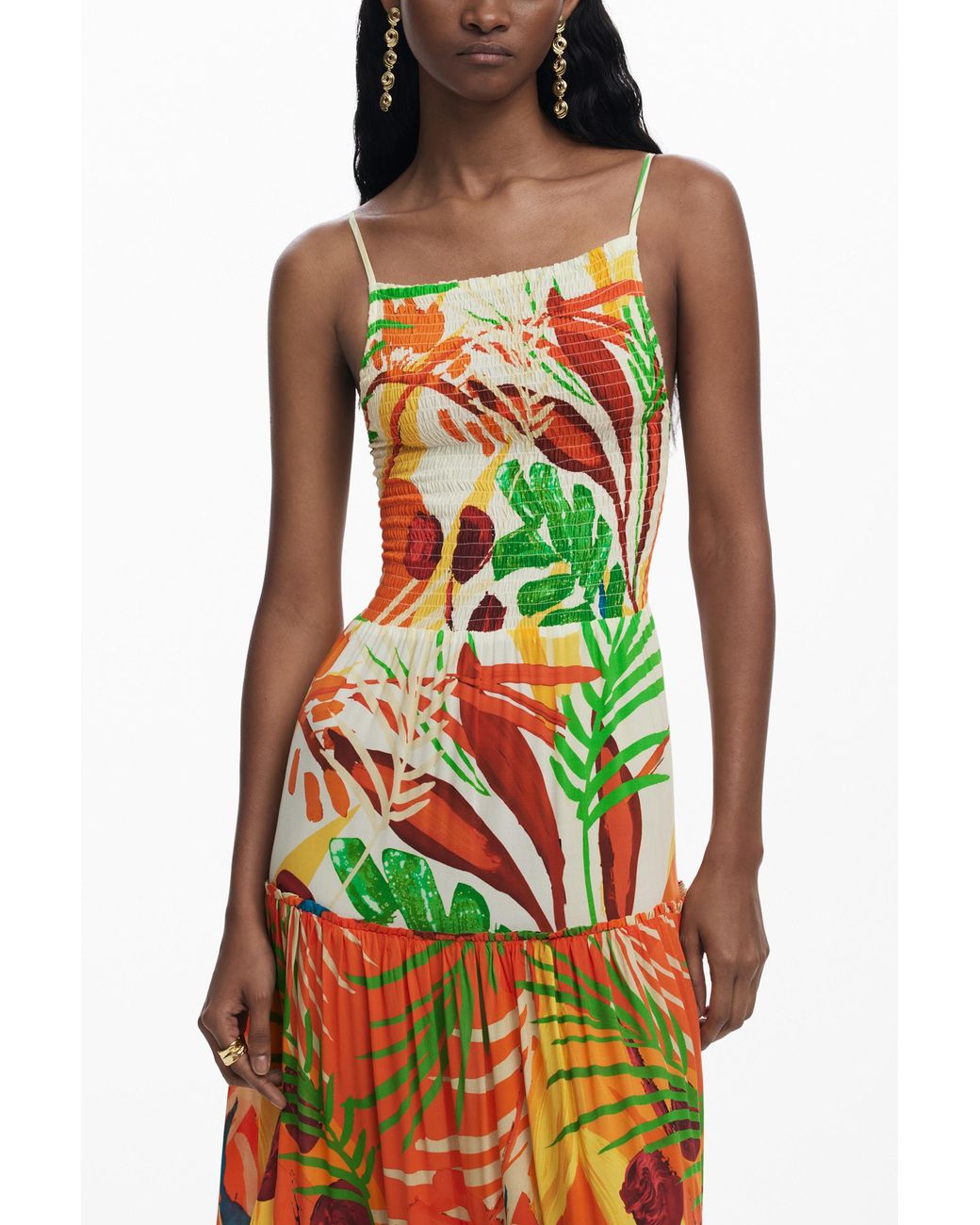 Desigual White Tropical Ruffle Dress, Viscose