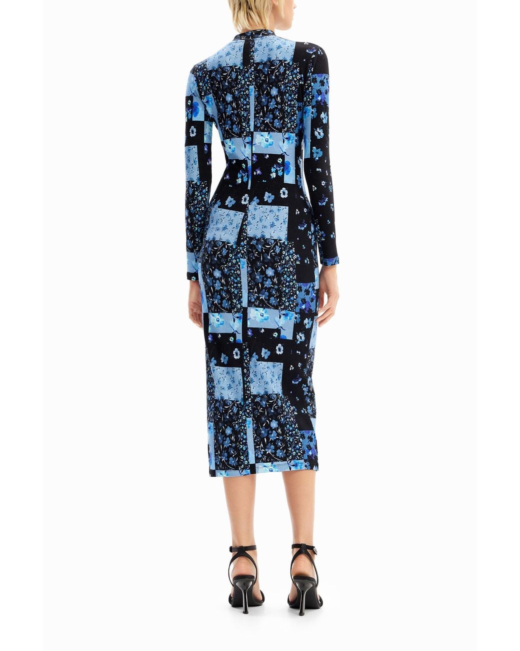 Desigual Blue Floral Ribbed Midi Dress, Viscose