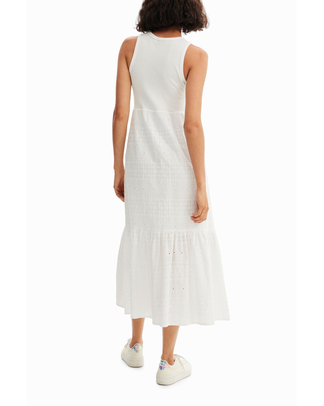 Desigual White Long Embroidered Combination Dress