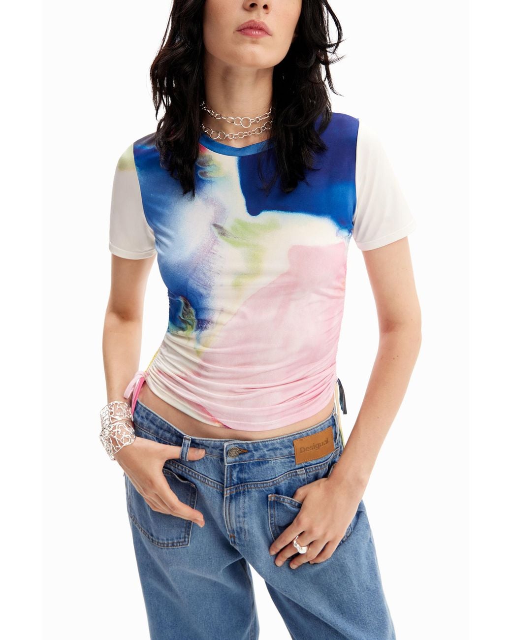Desigual Blue Short Gathered Watercolour T-Shirt, Polyester