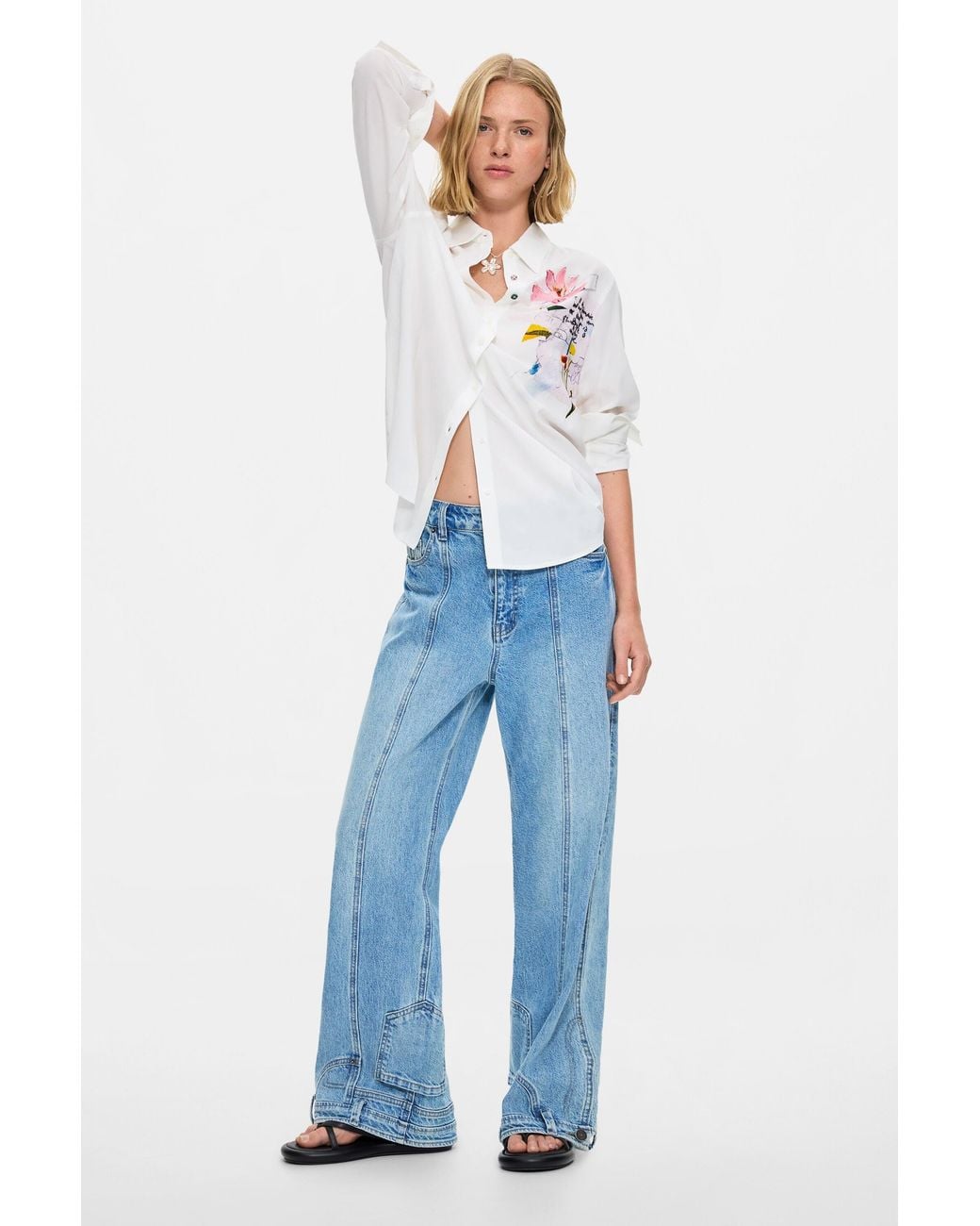 Desigual White Embroidered Floral Shirt, Viscose