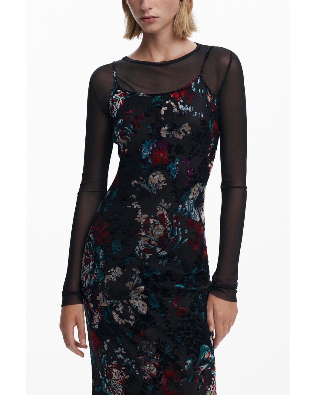 Desigual Black 2-In-1 Flocked Dress, Polyester