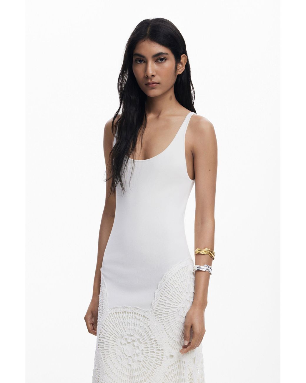 knee length dresses for ladies White Crochet Knit Dress Sleeveless main image 1