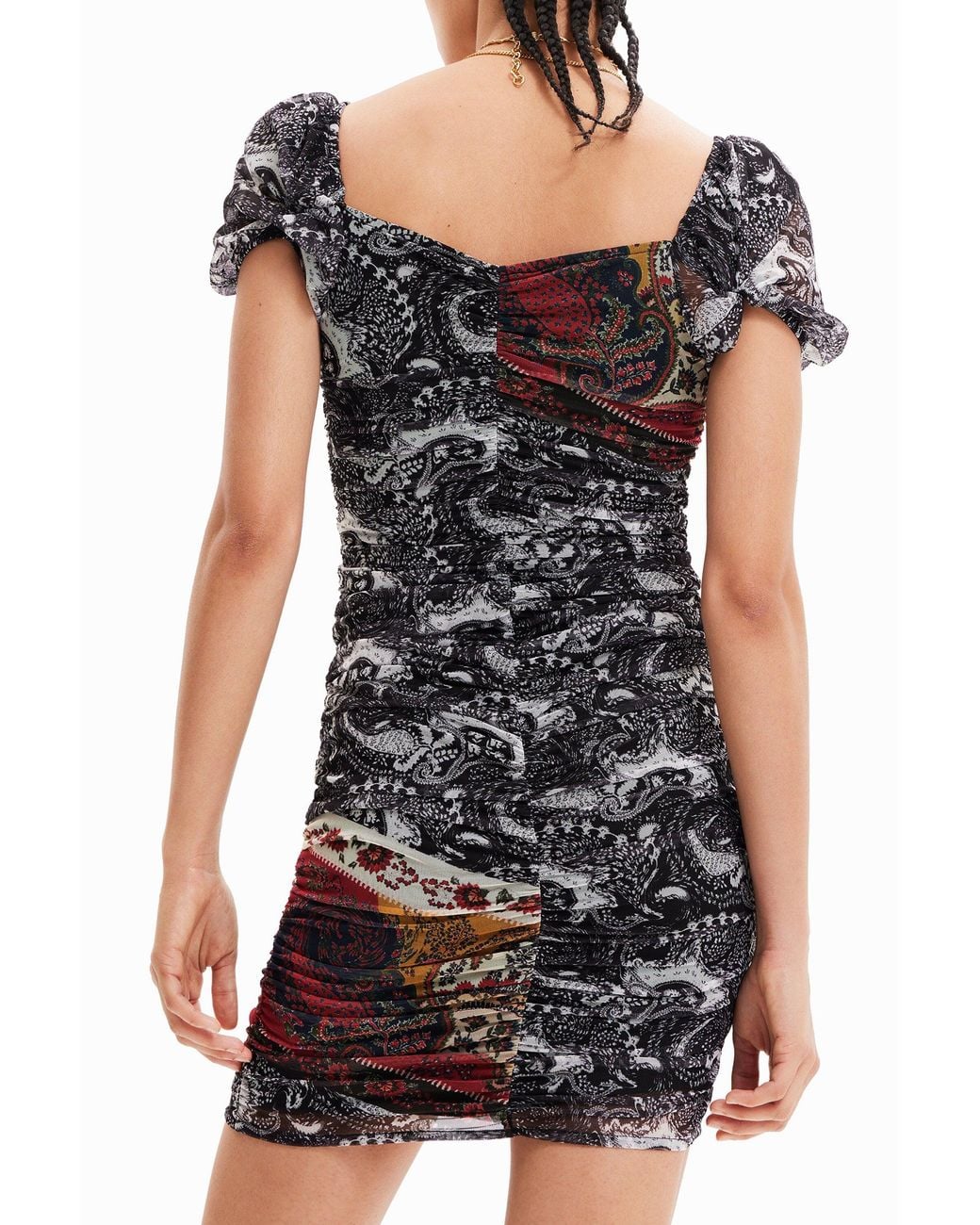 Desigual Black Short Ruched Paisley Dress, Polyester