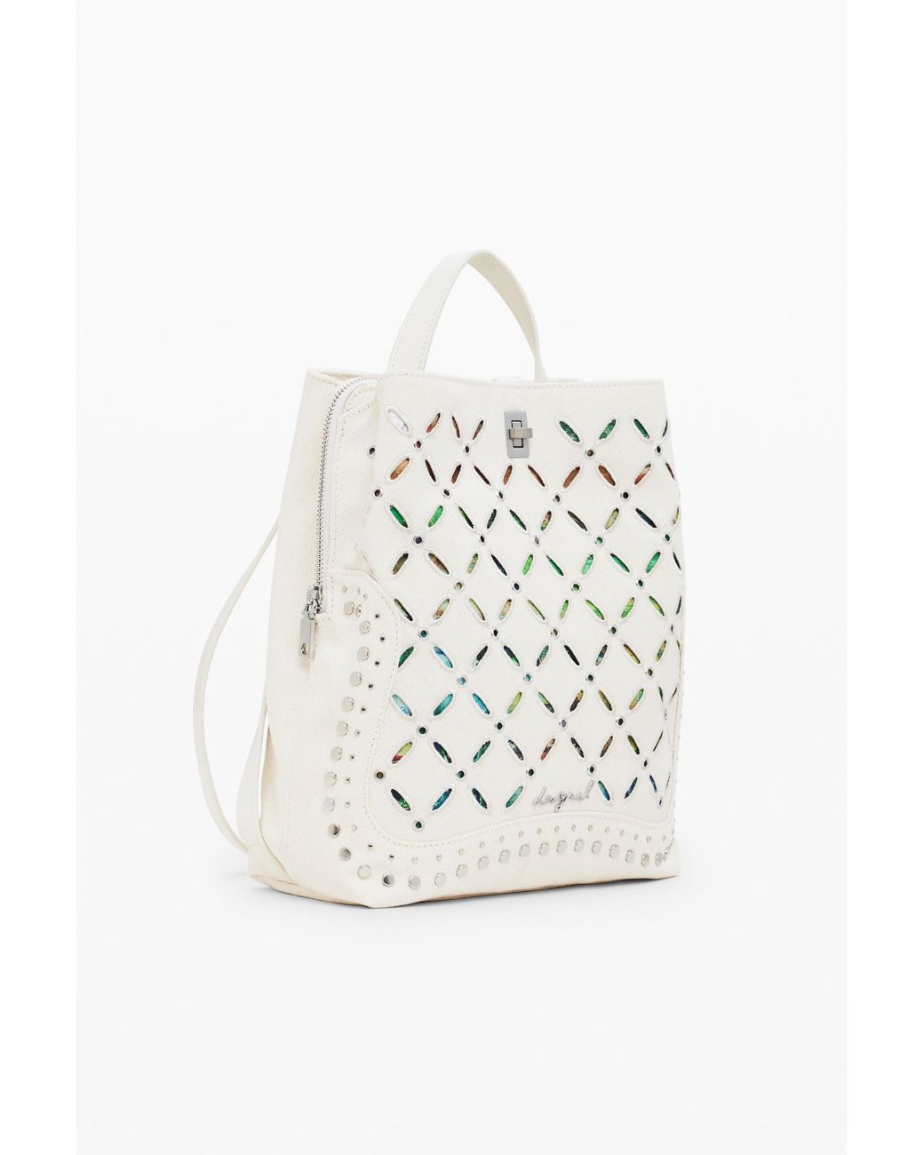 Desigual White Medium Backpack With Perforations And Studs, Cotton