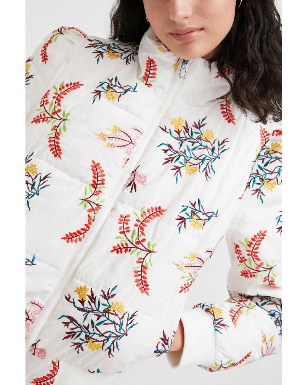 Desigual White Floral Quilted Jacket, Cotton