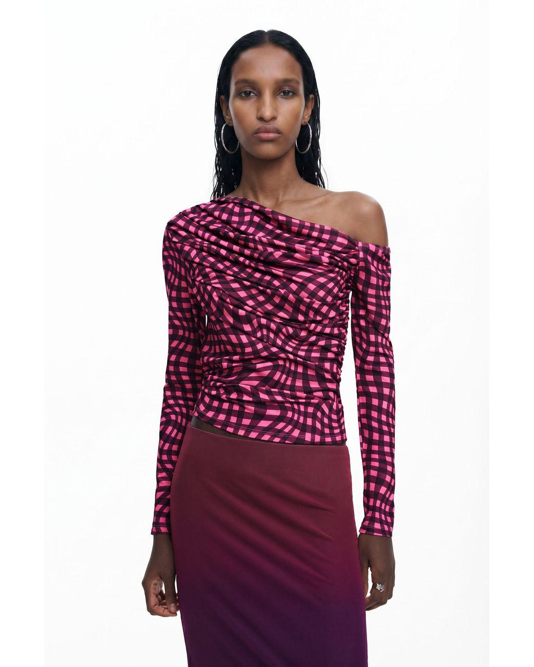 Desigual Red Asymmetric T-Shirt With Psychedelic Checks, Polyester