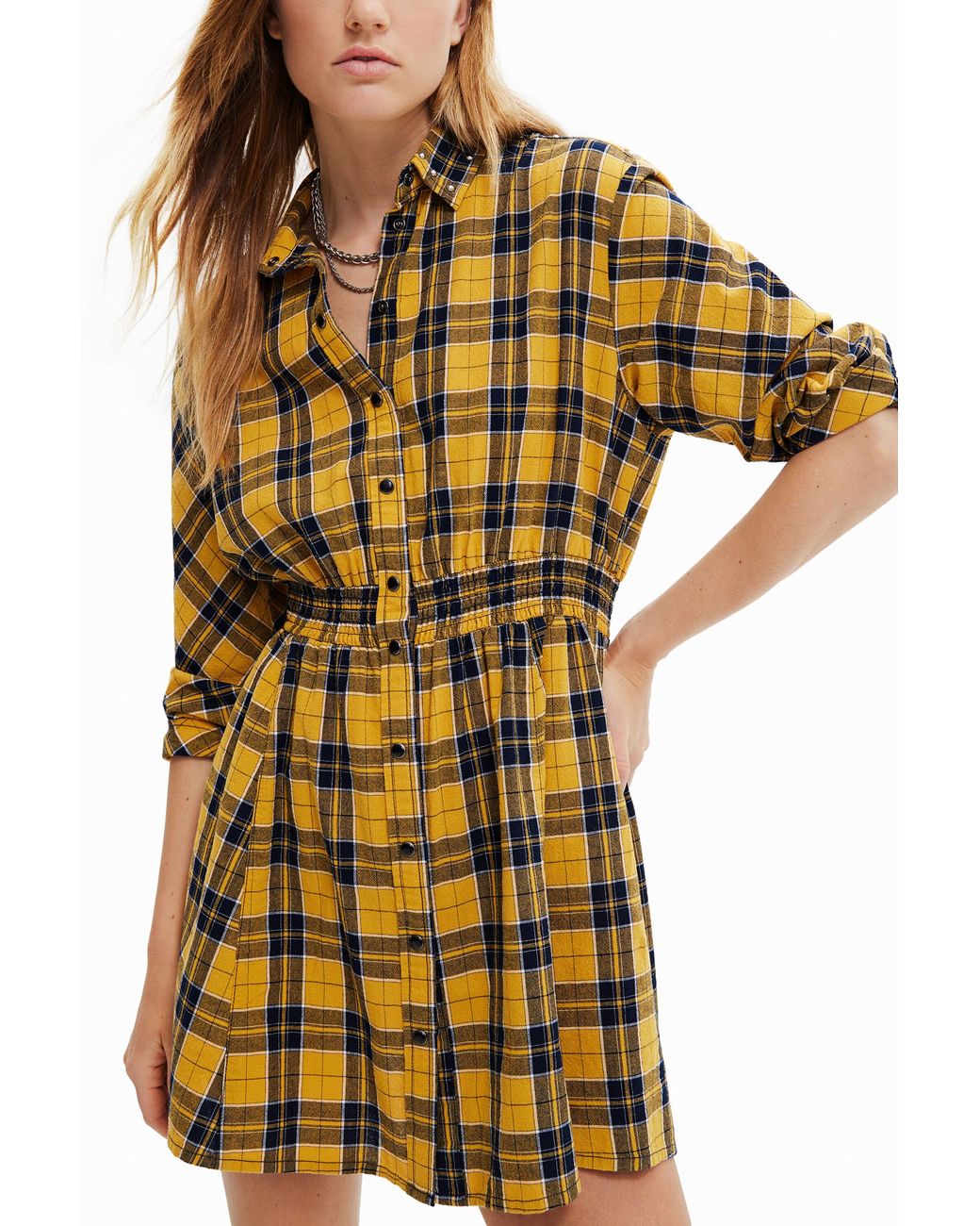 Desigual Yellow Midi Shirt Dress, Cotton