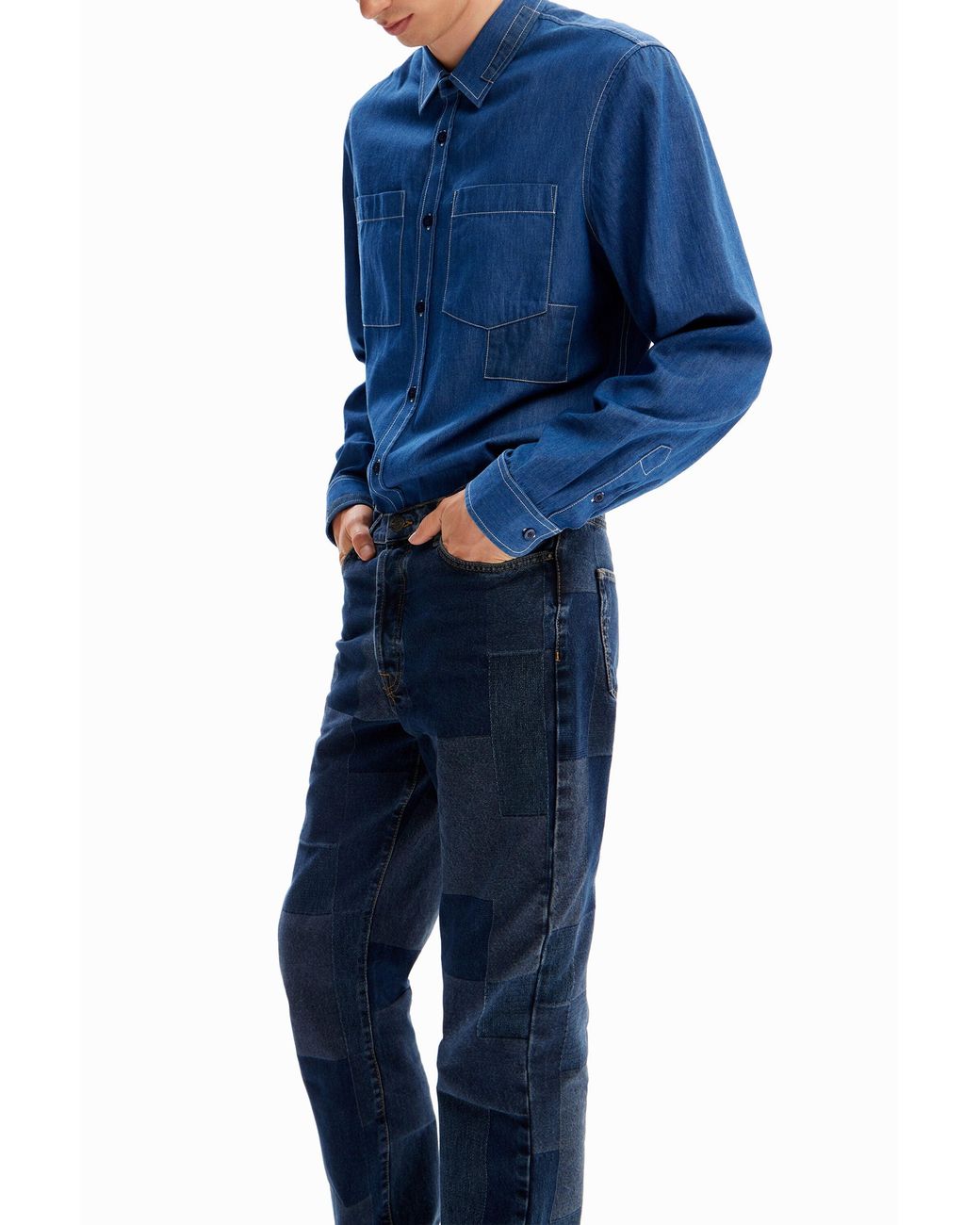 Desigual Blue Straight Check Jeans, Cotton for men