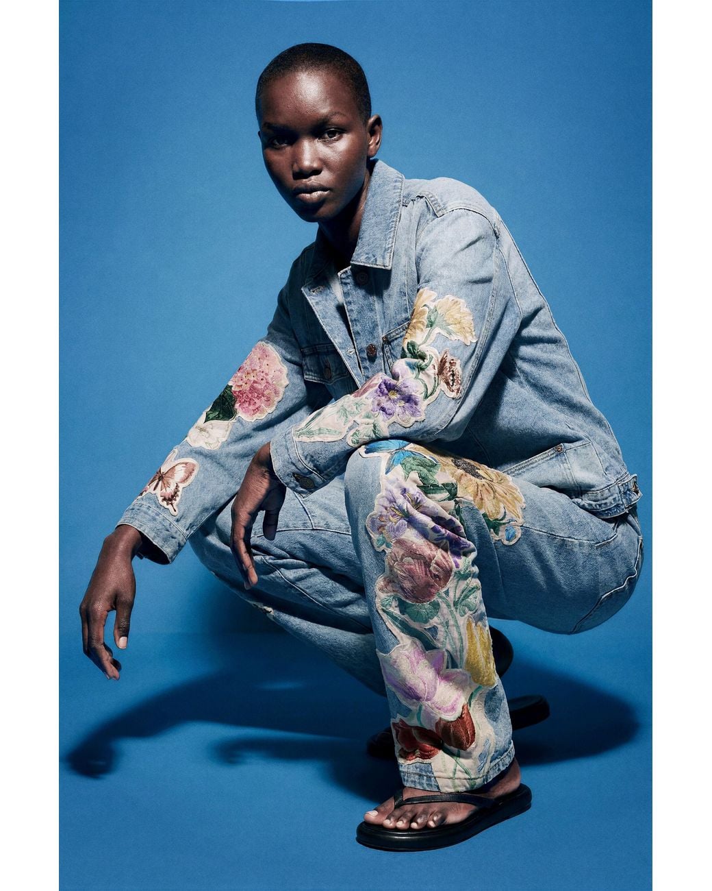 Desigual Blue Regular Floral Jeans, Cotton