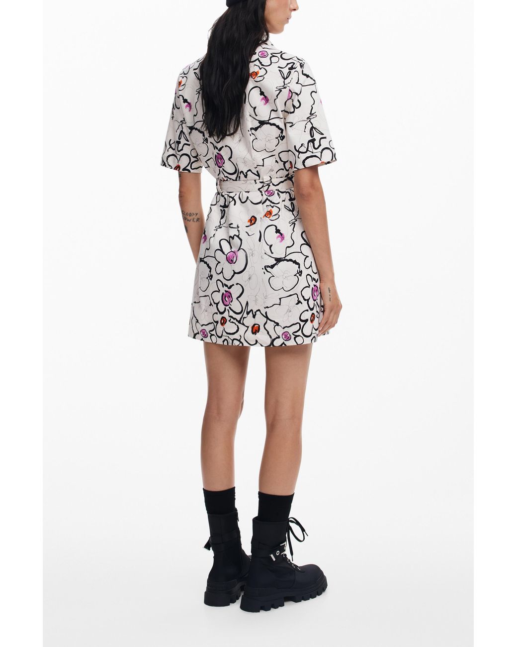 Desigual White Dress With Drawn Flowers, Cotton