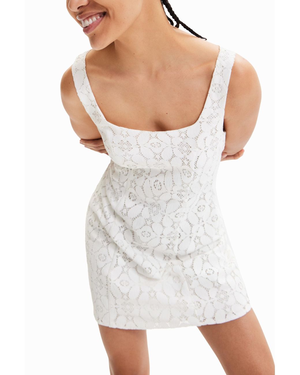 Desigual White Short Lace Dress, Polyester