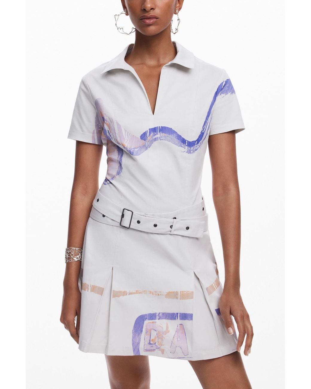 Desigual White Short Dress With Belt, Cotton