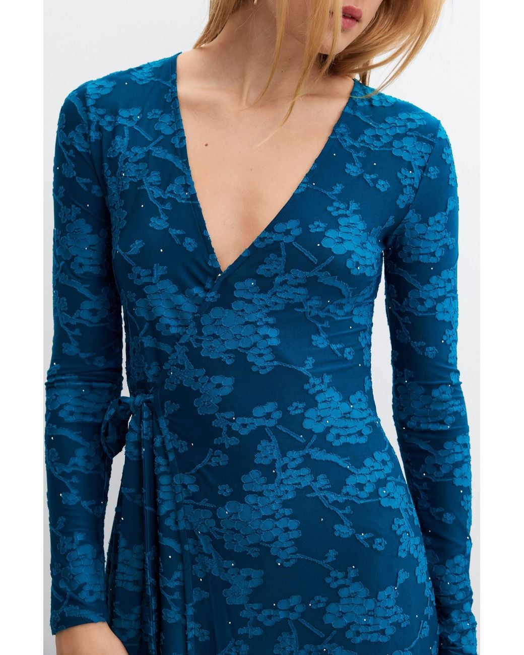 Desigual Blue Wrap Dress With V-Neck, Polyester