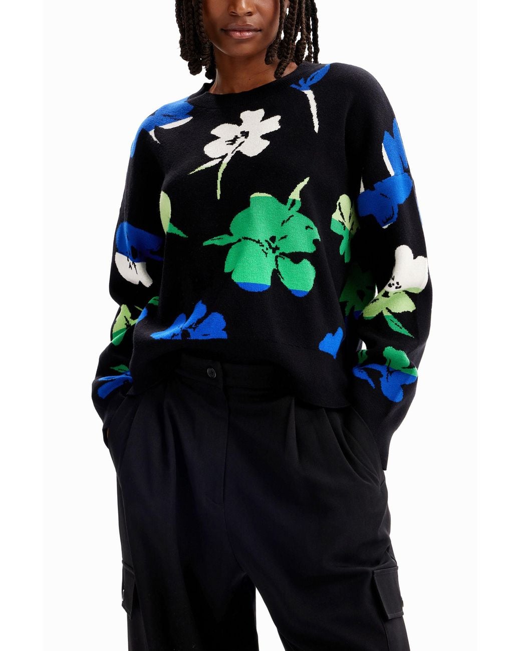 Desigual Black Oversize-Pullover Blumen, Schwarz