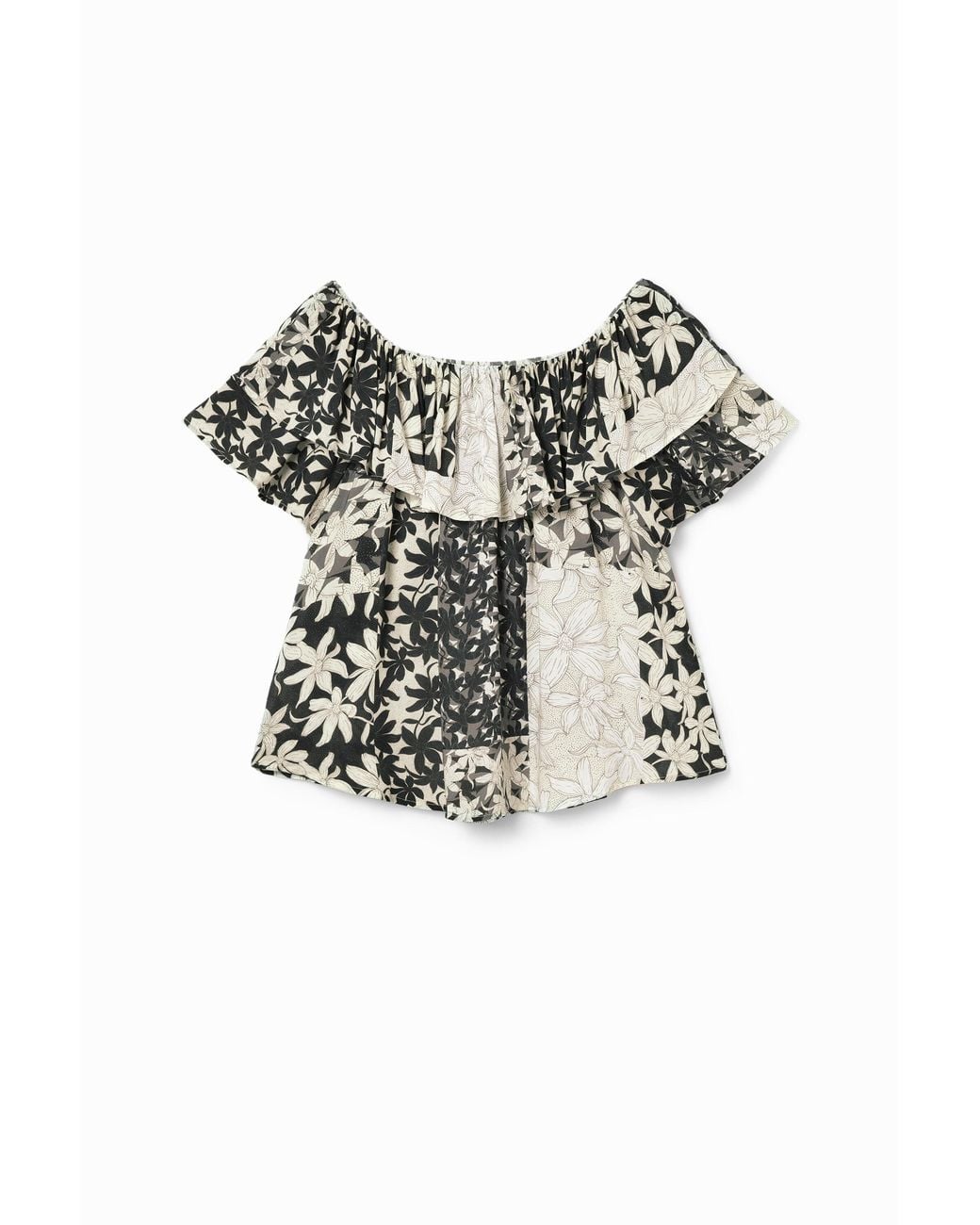 Desigual White Patchwork Floral Ruffle Blouse, Viscose