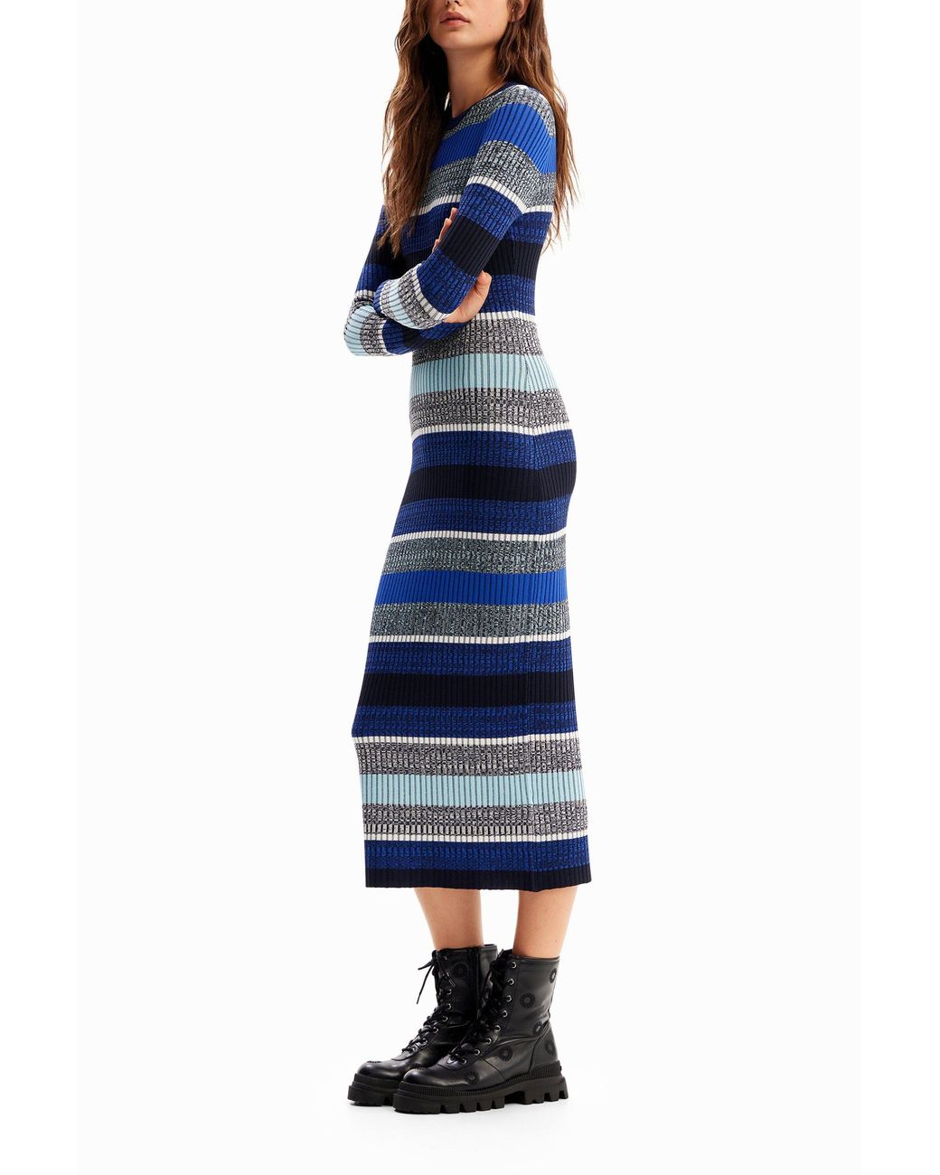 Desigual Blue Stripy Ribbed Midi Dress