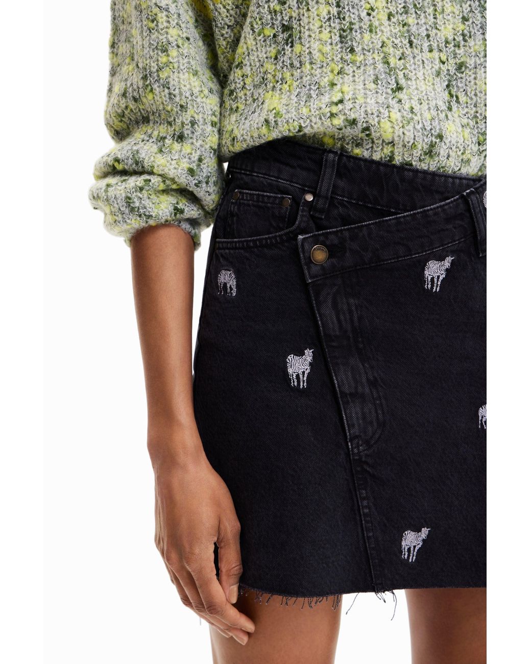 Desigual Black Zebra Denim Mini Skirt, Cotton