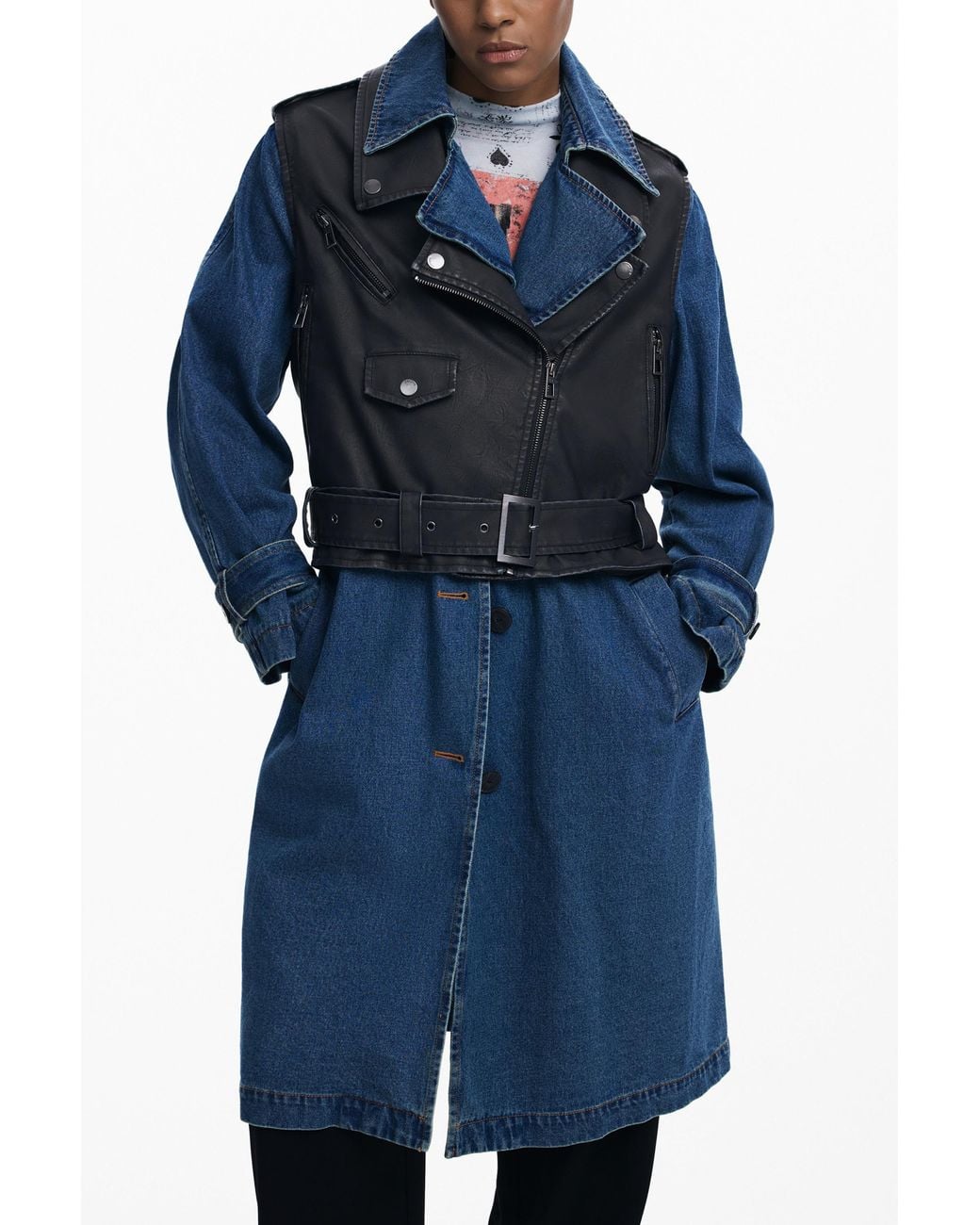 Desigual Blue Detachable Denim Trench Coat, Polyurethane