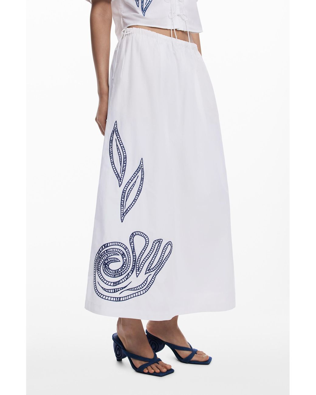 Desigual White Embroidered Midi Skirt, Cotton