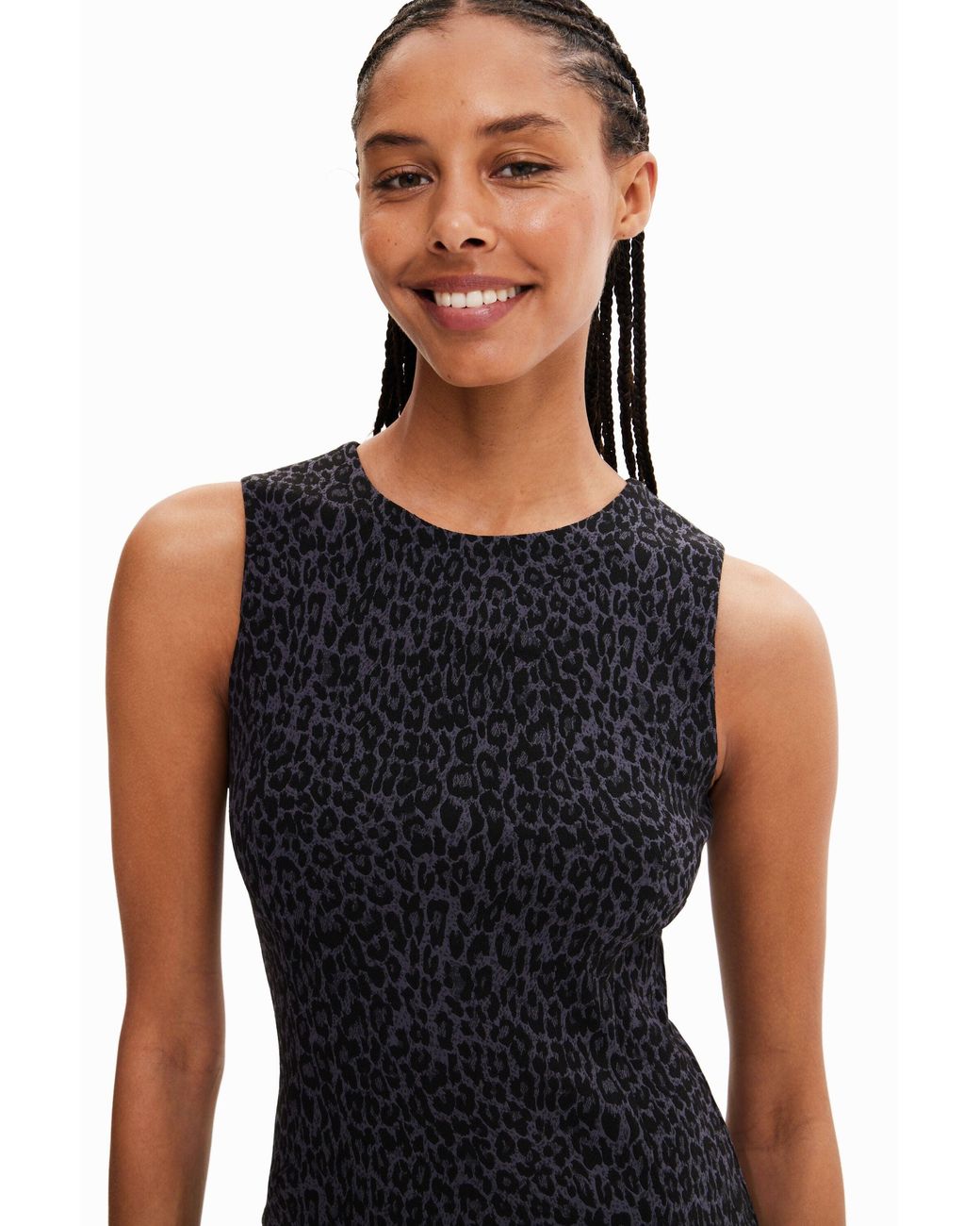 Desigual Black Short Slim Dress With Animal Print