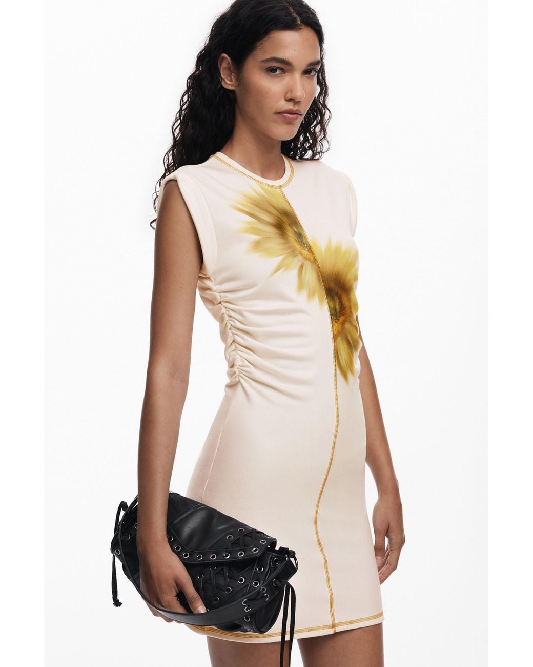 Desigual White Short Sunflower Lyocell Dress, Lyocell