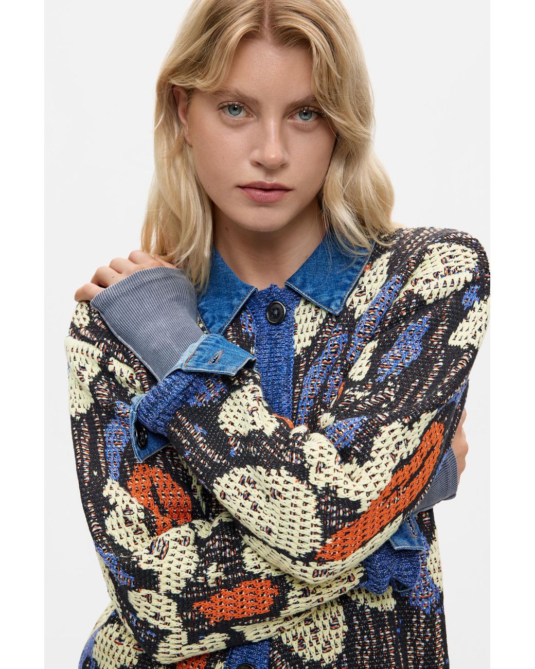 Desigual Blue Jacquard Jacket With Denim Details
