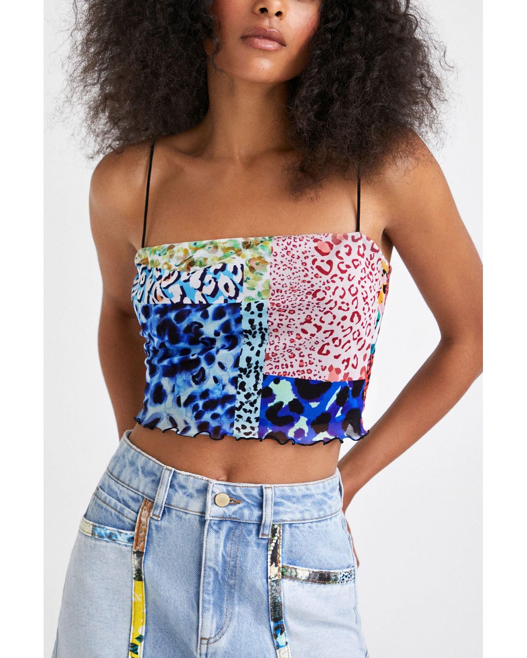 Desigual Blue Patchwork Crop Top, Polyester