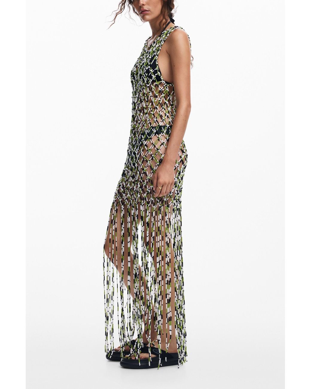 Desigual White Mesh Dress With Net Effect, Cotton