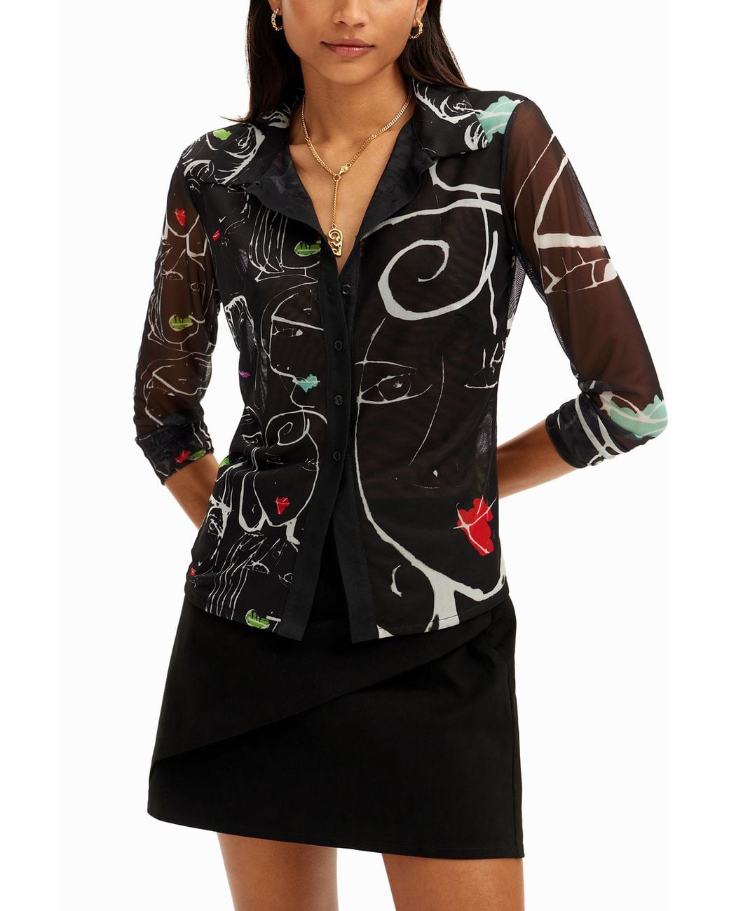 Desigual Black Arty Faces Ruched T-Shirt, Polyester