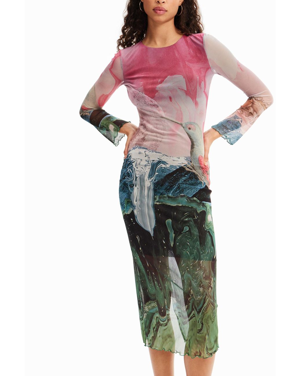 Desigual Red Slim Fantasy Tulle Midi Dress, Polyester