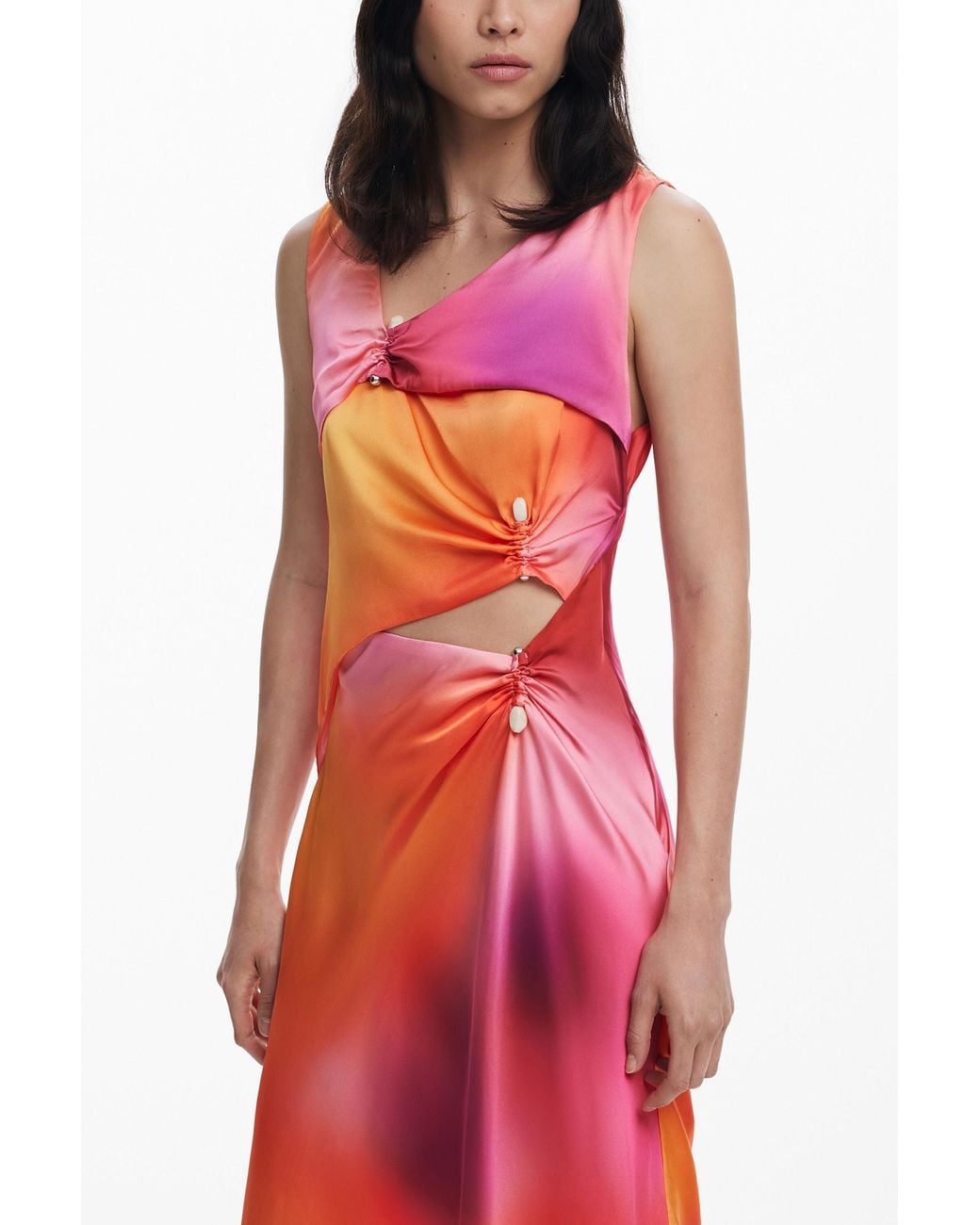 Desigual Red Long Dress With Piercings, Viscose