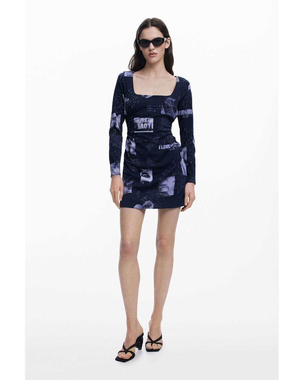 Desigual Blue Postcard Square Neck Dress, Viscose