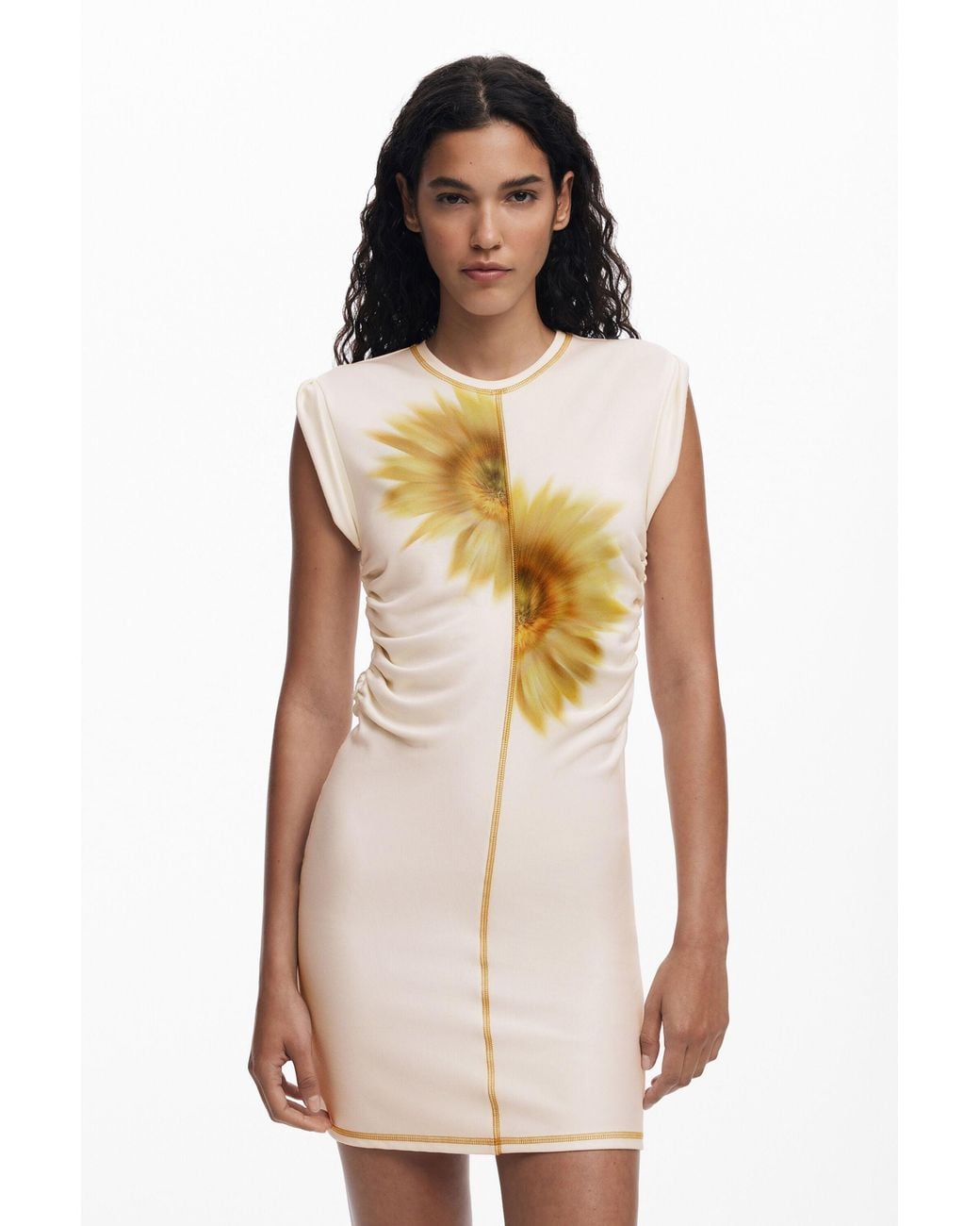 Desigual White Short Sunflower Lyocell Dress, Lyocell
