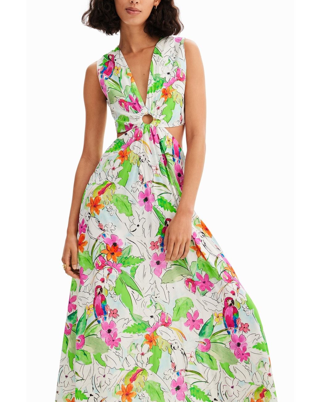 Desigual White Long Cut-Out Dress, Viscose