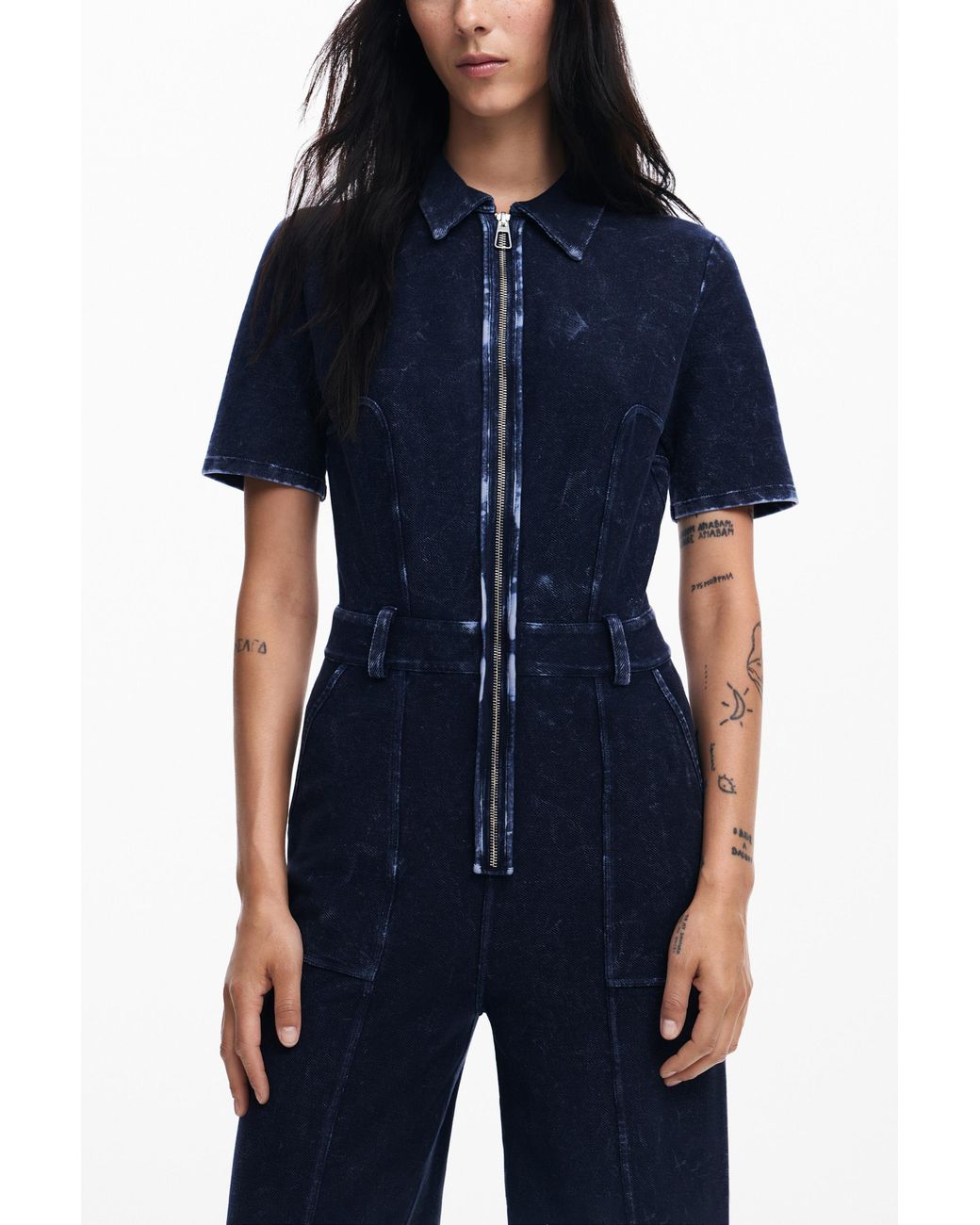 Desigual Blue Washed-Effect Denim Jumpsuit, Cotton