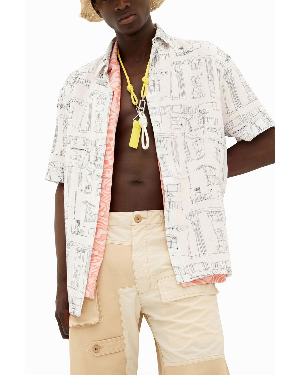 Desigual White Shirt With Column Illustrations, Cotton for men