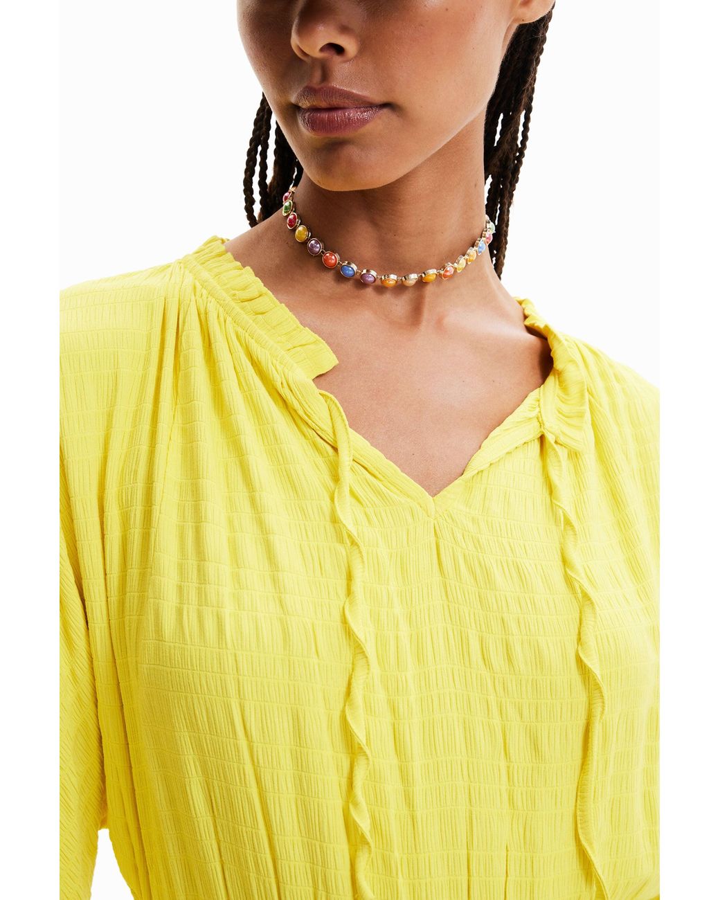 Desigual Yellow Textured Midi Dress, Viscose