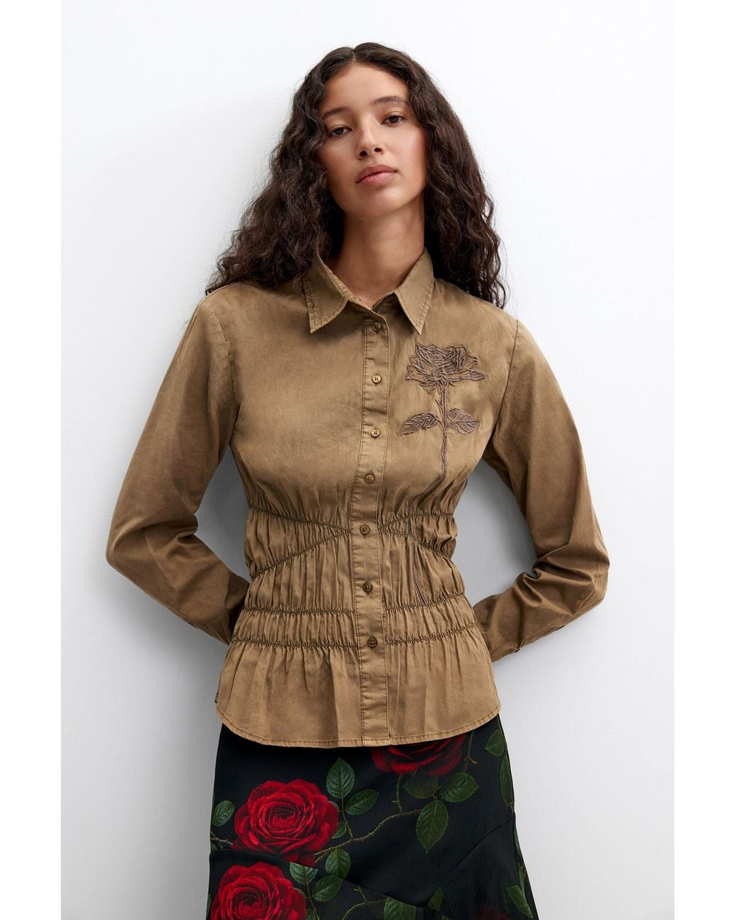Desigual Brown Fitted Shirt With Embroidery, Cotton