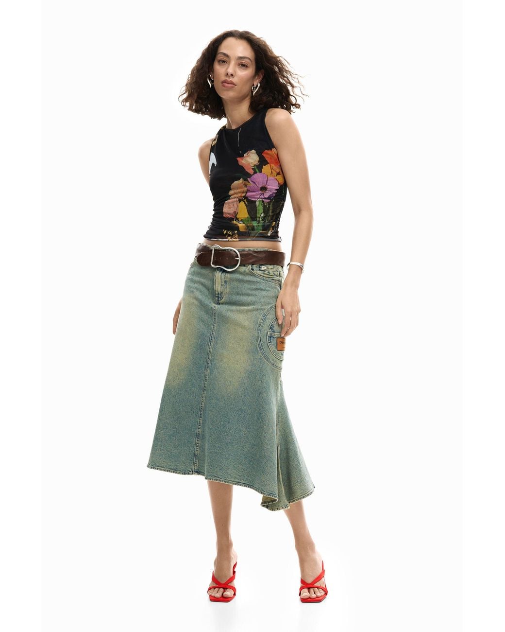 Desigual Black Mesh T-Shirt With Flowers, Polyester