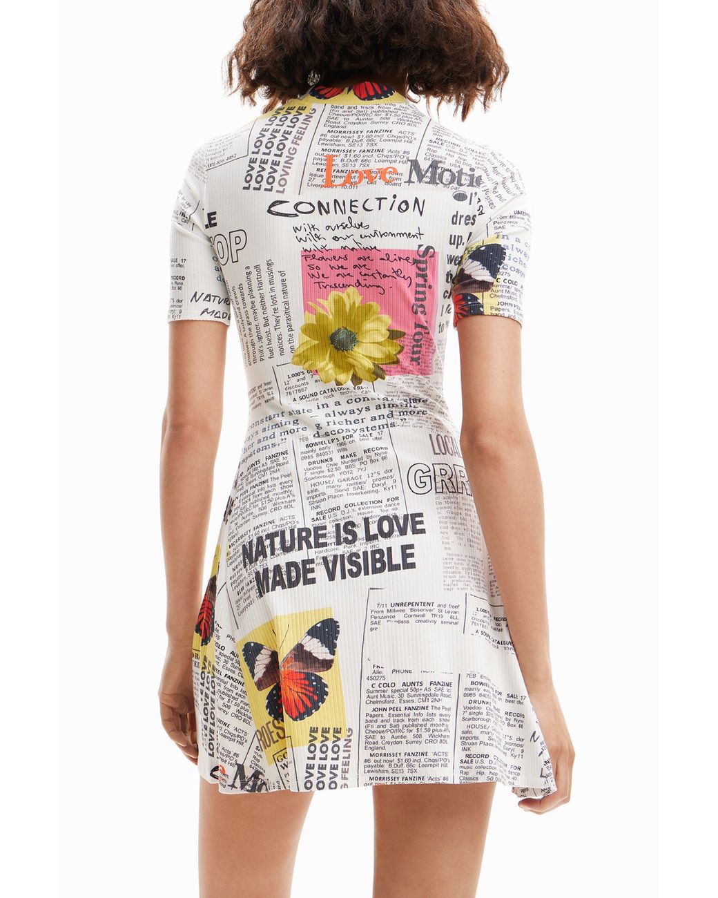 Desigual White Short Newspaper Skater Dress, Viscose